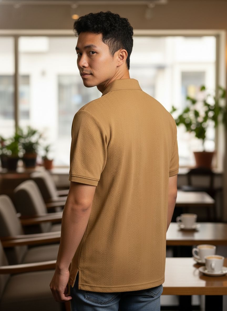 Classic Tan Textured Polo – Premium Casual Wear