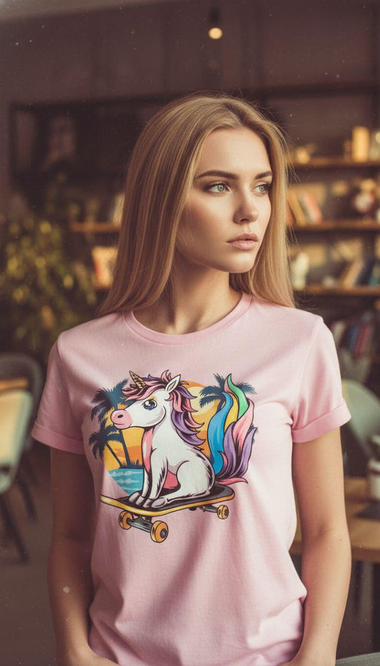 Kawaii Unicorn on Skateboard Regular Fit Tee
