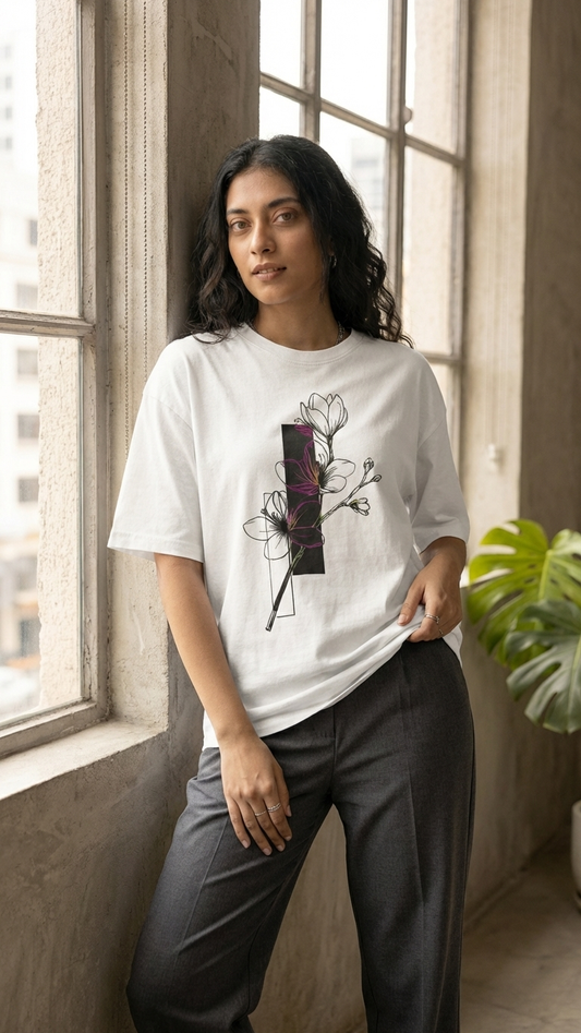 Geometric Bloom — Minimalist Floral Graphic Oversized T-Shirt White