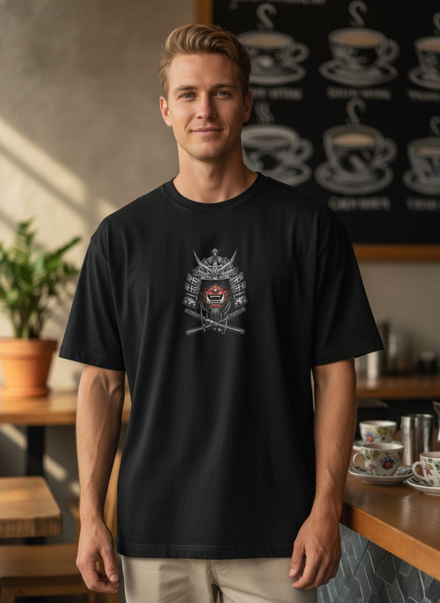 Samurai Mask Streetwear Tee – Bold Oversized Japanese Art