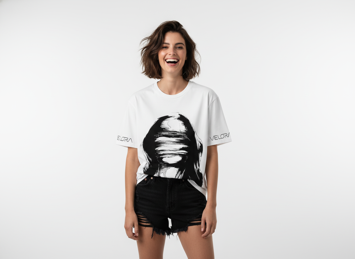 Velora Abstract Blindfold Woman Graphic T-Shirt