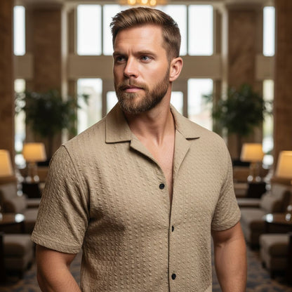 Beige Textured Cuban Collar Shirt – Premium Summer Casual