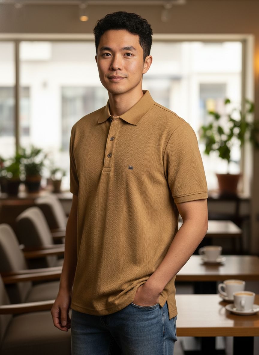Classic Tan Textured Polo – Premium Casual Wear
