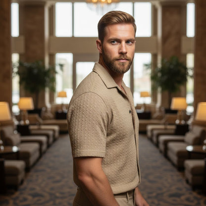 Beige Textured Cuban Collar Shirt – Premium Summer Casual