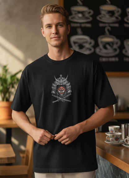 Samurai Mask Streetwear Tee – Bold Oversized Japanese Art