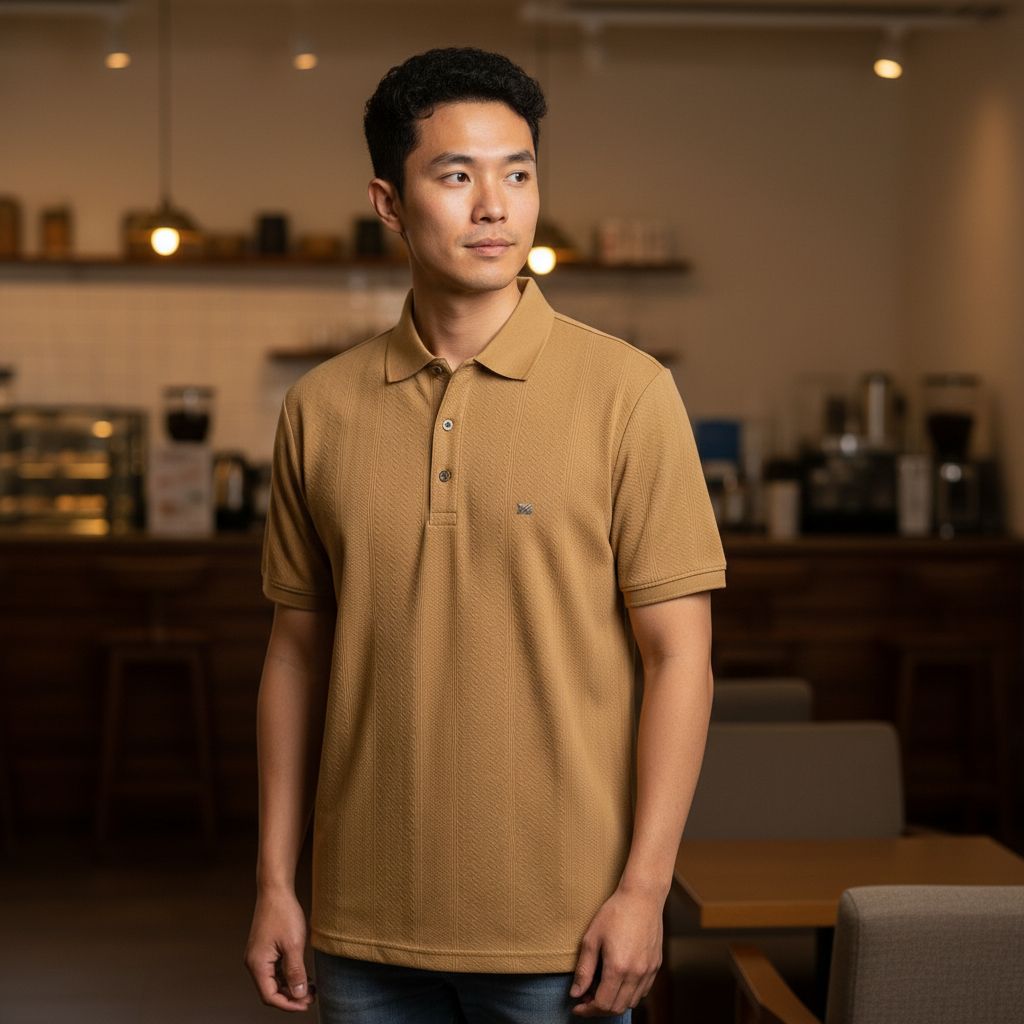 Classic Tan Textured Polo – Premium Casual Wear