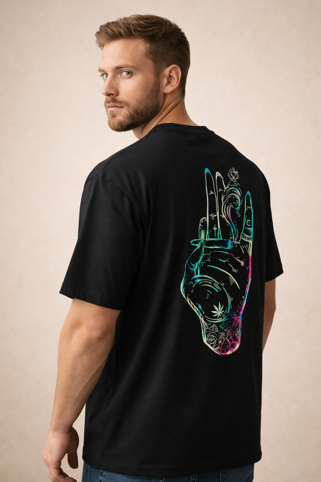 Neon Mystic Hand Oversized Tee – Trippy Aura Graphic