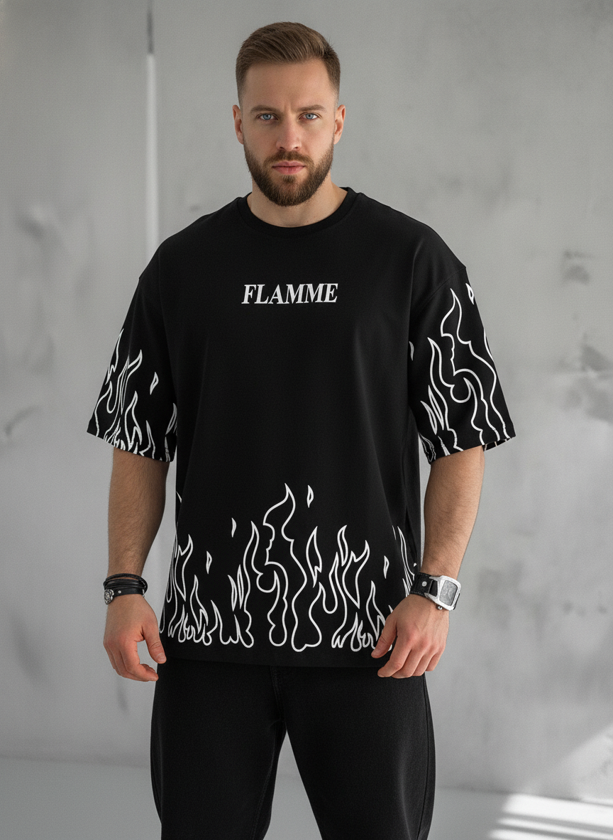 Men's Black "FLAMME" Graphic Oversized Tee