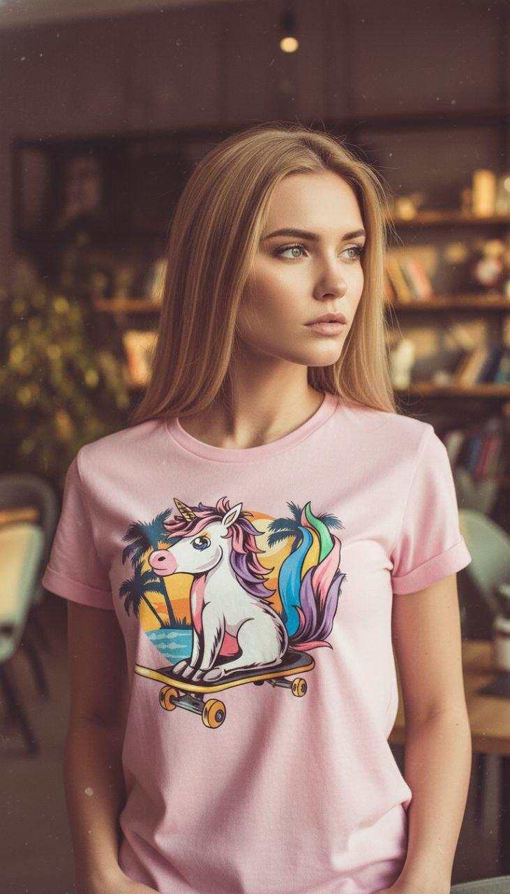 Kawaii Unicorn on Skateboard Regular Fit Tee
