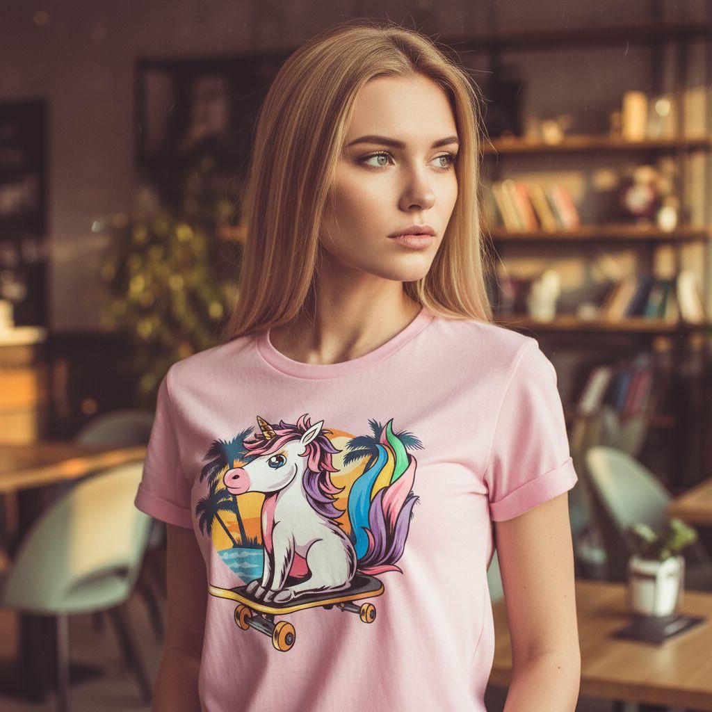 Kawaii Unicorn on Skateboard Regular Fit Tee