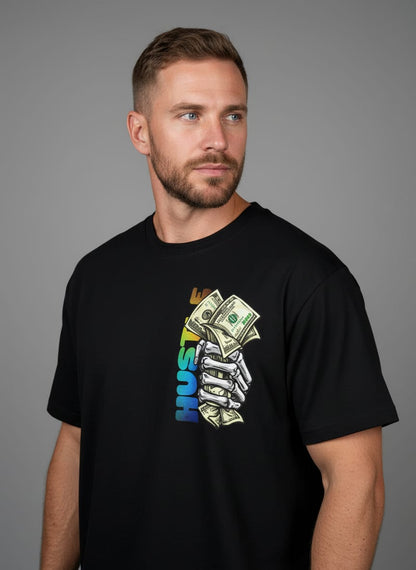 "HUSTLE" Skeleton Money Hand Oversized Tee