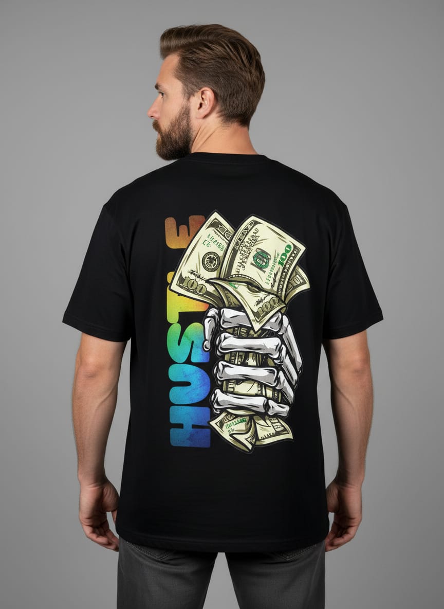 "HUSTLE" Skeleton Money Hand Oversized Tee