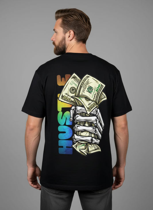 "HUSTLE" Skeleton Money Hand Oversized Tee