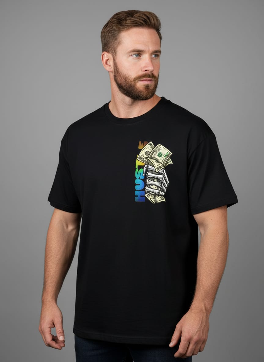 "HUSTLE" Skeleton Money Hand Oversized Tee