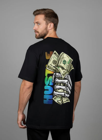 "HUSTLE" Skeleton Money Hand Oversized Tee
