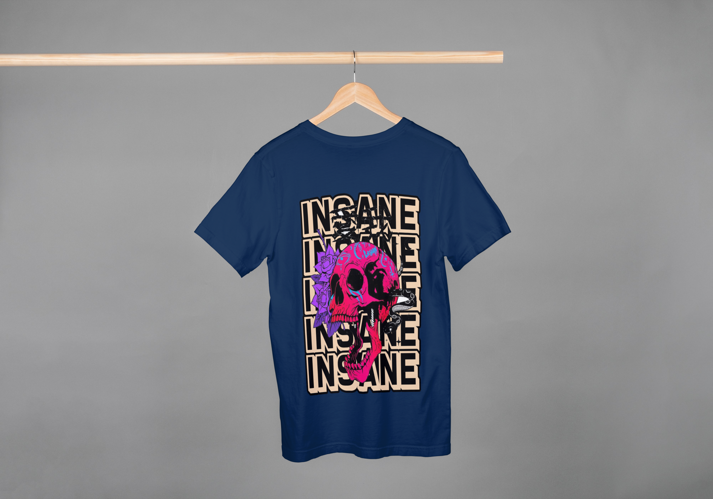 "INSANE" Pink Skull Navy Oversized Tee