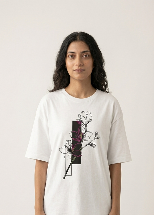 Geometric Bloom — Minimalist Floral Graphic Oversized T-Shirt White