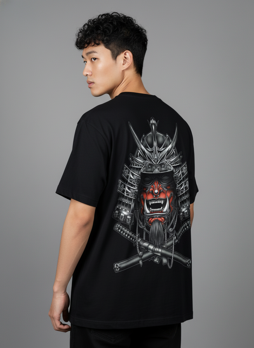 Samurai Mask Streetwear Tee – Bold Oversized Japanese Art