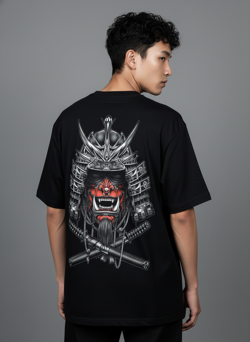 Samurai Mask Streetwear Tee – Bold Oversized Japanese Art