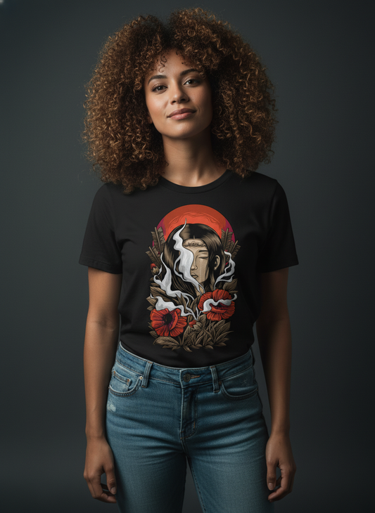 Red Sun and Poppy Flowers Regular fit Tee