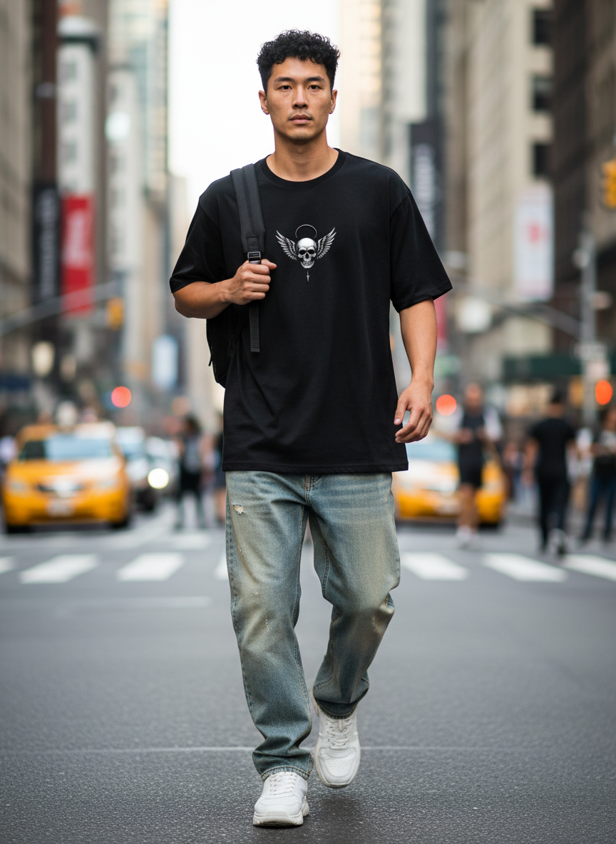 "Guardian of the Dark" Winged Skull  Oversized Tee