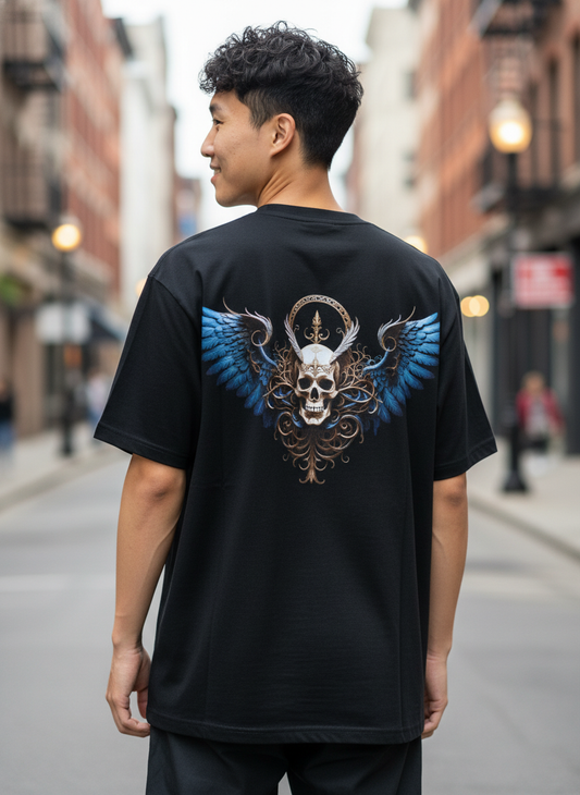 Rebel Skull Wing Front and Back Print Oversized Tee